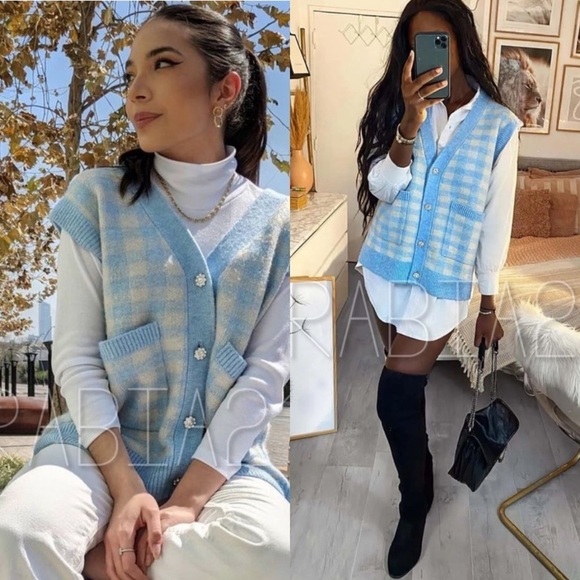 ZARA BLOGGER’S Favourite PLAID CHECK KNIT VEST With RHINESTONE BUTTONS S - Picture 3 of 16